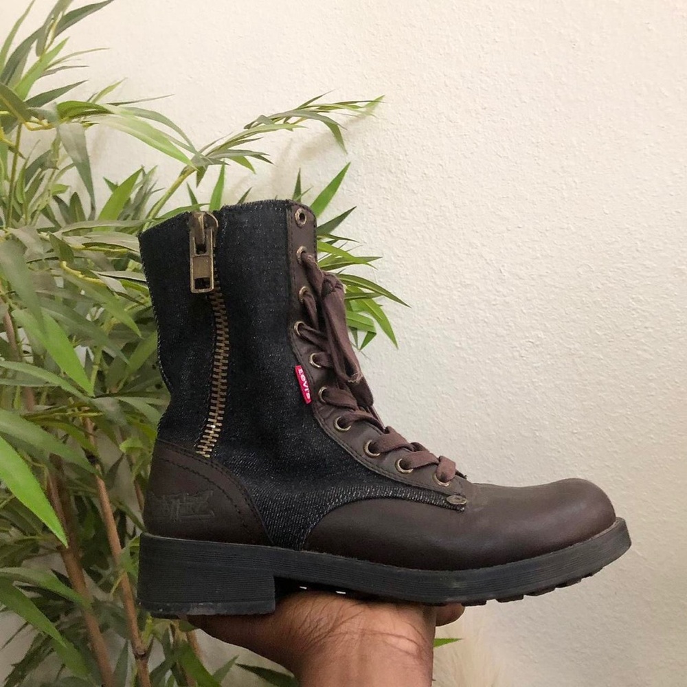 Grunge Levi’s Denim Leather Combat Biker Motorcycle Boots Lace Up Zip Streetwear